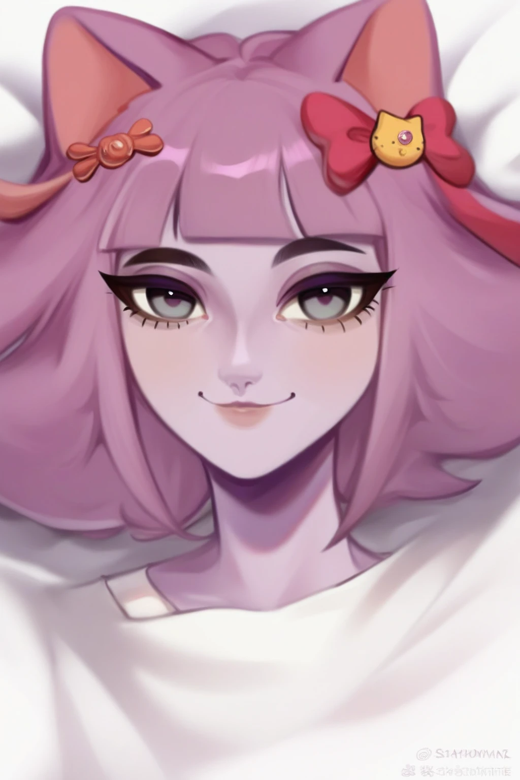 masunya, masyunya (vkontakte), masyunya /(vkontakte/), cat ears, purple skin color, hair bow, (purple hair color:1.1), lying on the bed, looking at the viewer, a sly smile, detailed, beautiful, delicate tones, specks of dust in the air, CuteStyle