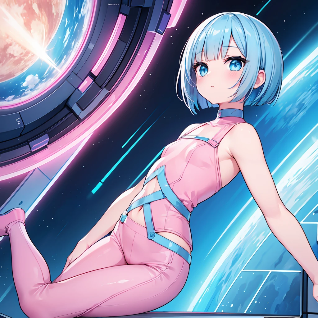 An android woman, flat , cute face, blue hair and blue eyes, bob cut hair, full body, thin waist, pink-light blue pants, wearing a pink-light blue shirt, blue shoes, perfect thighs, sfw, on a space station, sfw, space themed, android, hair has pink highlights