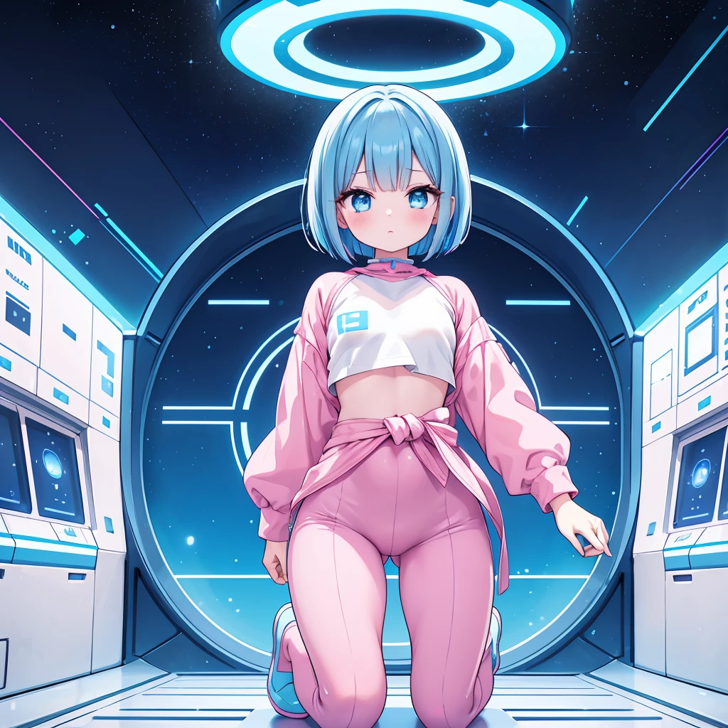 An android woman, flat chest, cute face, blue hair and blue eyes, bob cut hair, full body, thin waist, pink-light blue pants, wearing a pink-light blue shirt, blue shoes, perfect thighs, sfw, on a space station, sfw, space themed, android, hair has pink highlights
