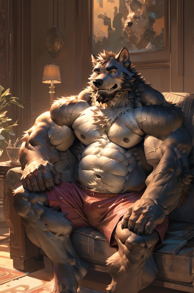 Bara, Solo, by Taran Fiddler, muscular male, mature age, middle-aged, furry male, canine, white fur, beard, shirtless, red boxers, pillow over lap, sitting on couch, living room, detailed, detailed face, handsome face