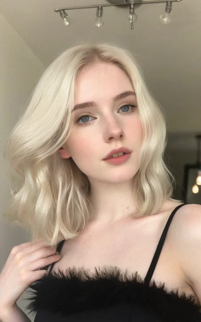 a woman with blonde hair and a black dress posing for a picture, pale glowing skin, pale hair, perfect white haired girl, extremely pale blond hair, pale white skin, pale skin curly blond hair, pale fair skin!!, ivory pale skin, natural soft pale skin, very very pale blond hair, soft flawless pale skin, bleached blonde short hair Kennedy Walsh