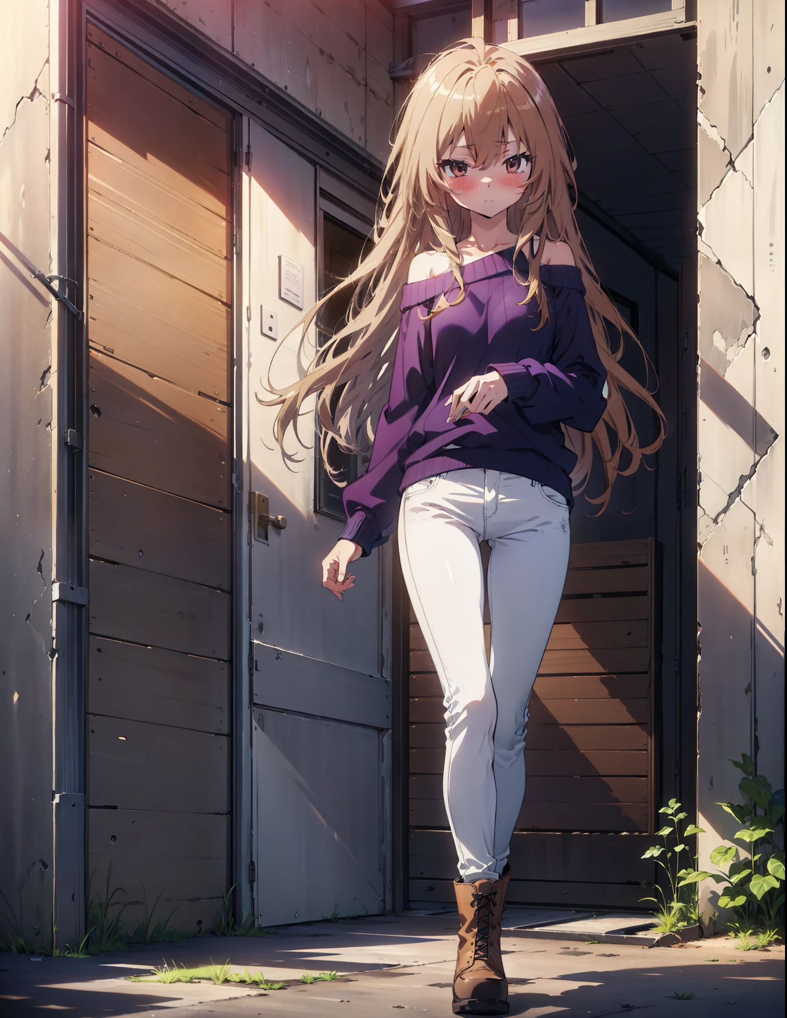 Taiga Aisaka, taiga aisaka, Long Hair, Brown Hair, Brown eyes,One-shoulder sweater,Skinny jeans,short boots,Daytime,Clear skies,Walking,whole bodyがイラストに入るように,
break outdoors, Building district,
break looking at viewer, whole body,
break (masterpiece:1.2), Highest quality, High resolution, unity 8k wallpaper, (shape:0.8), (Beautiful attention to detail:1.6), Highly detailed face, Perfect lighting, Extremely detailed CG, (Perfect hands, Perfect Anatomy),