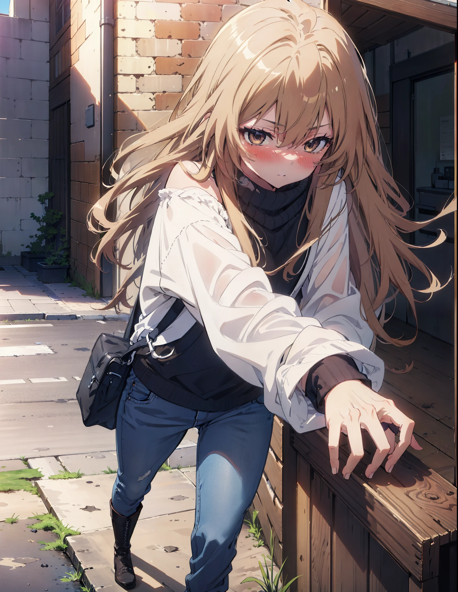 Taiga Aisaka, taiga aisaka, Long Hair, Brown Hair, Brown eyes,One-shoulder sweater,Skinny jeans,short boots,Daytime,Clear skies,Walking,whole bodyがイラストに入るように,
break outdoors, Building district,
break looking at viewer, whole body,
break (masterpiece:1.2), Highest quality, High resolution, unity 8k wallpaper, (shape:0.8), (Beautiful attention to detail:1.6), Highly detailed face, Perfect lighting, Extremely detailed CG, (Perfect hands, Perfect Anatomy),