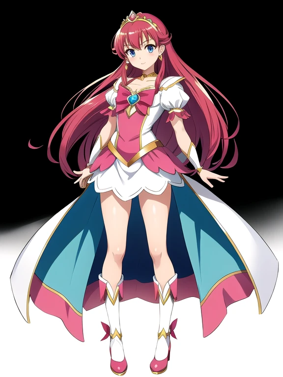 (stand posture), cute eyes, adult woman,, solo, high fantasy outfits, ((white background)), (full body), precure costume