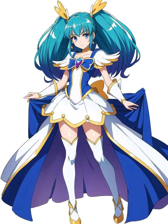 (stand posture), cute eyes, adult woman,, solo, high fantasy outfits, ((white background)), (full body), precure costume
