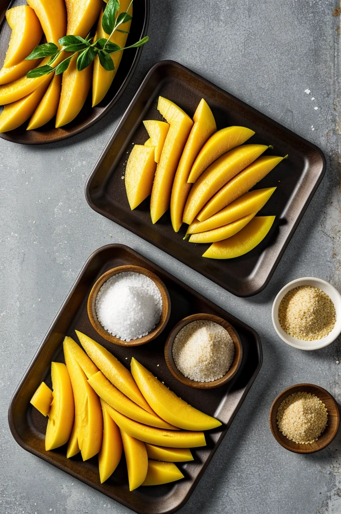 Mango tray with salt, skate and pepper