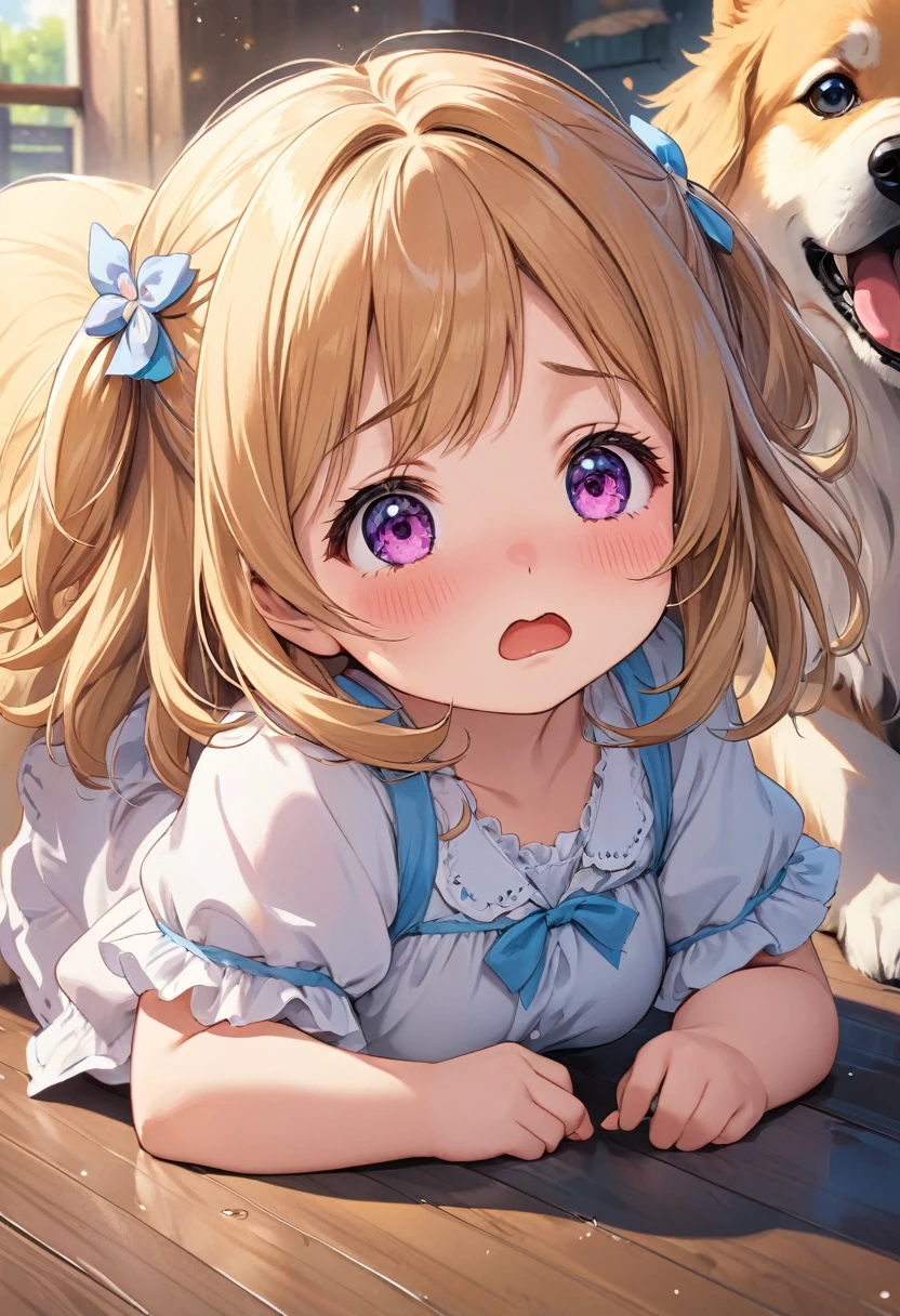 (Very cute and delicate CG illustrations, Ultra detailed and ultra high quality),pretty girl，Baby Girl, A troubled and crying expression,Giant dog in the background，One girl, Detail view. Vibrant colors. high resolution.
