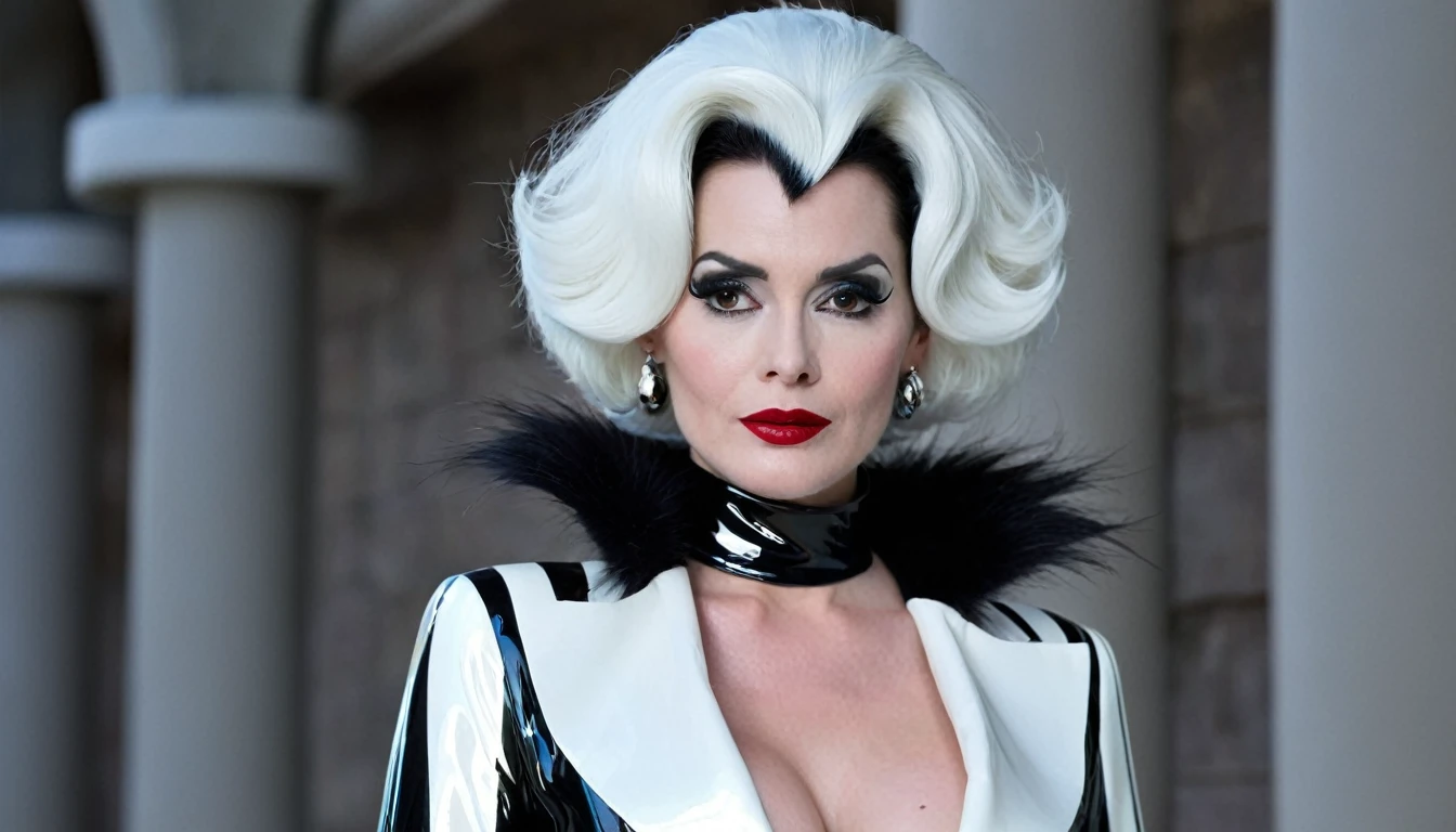 Very sexy. Cruella de Ville. In a designer sexy shiny latex suit. In very high heels.