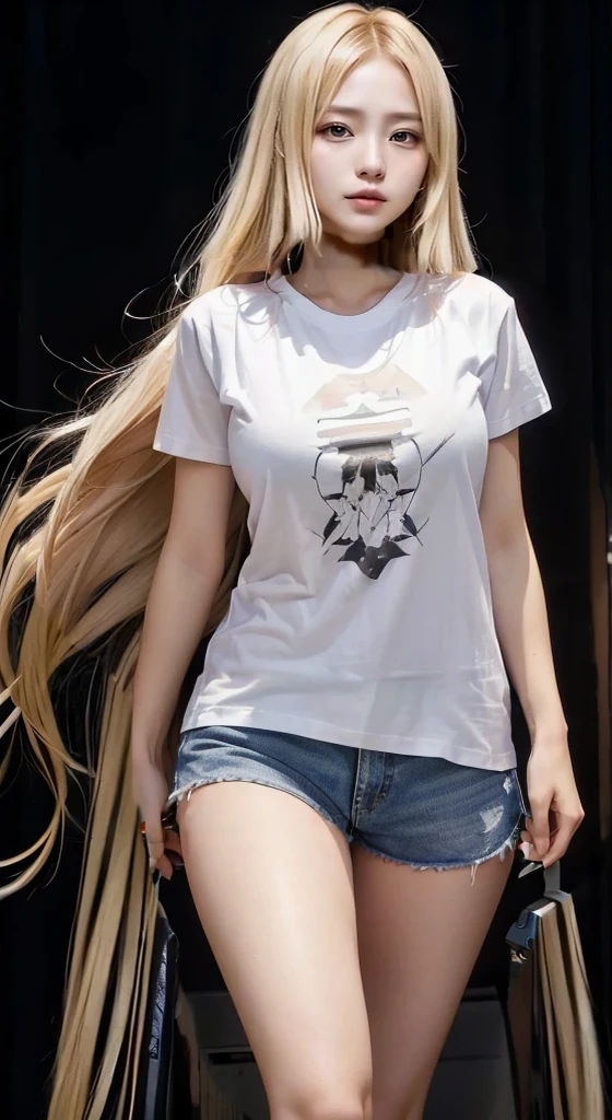 (SFW:1.5), 1 Female, Age 20, Baggy T-shirt(White)((Short sleeve))、The T-shirt goes up to the thighs、Ultra High Quality, It is high resolution., 8k, It's photorealistic,