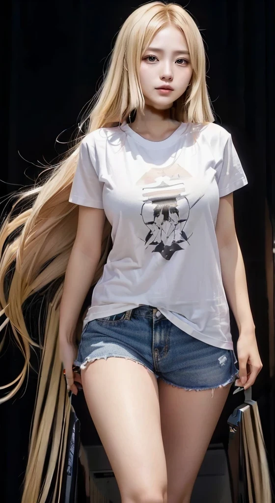 (SFW:1.5), 1 Female, Age 20, Baggy T-shirt(White)((Short sleeve))、The T-shirt goes up to the thighs、Ultra High Quality, It is high resolution., 8k, It's photorealistic,