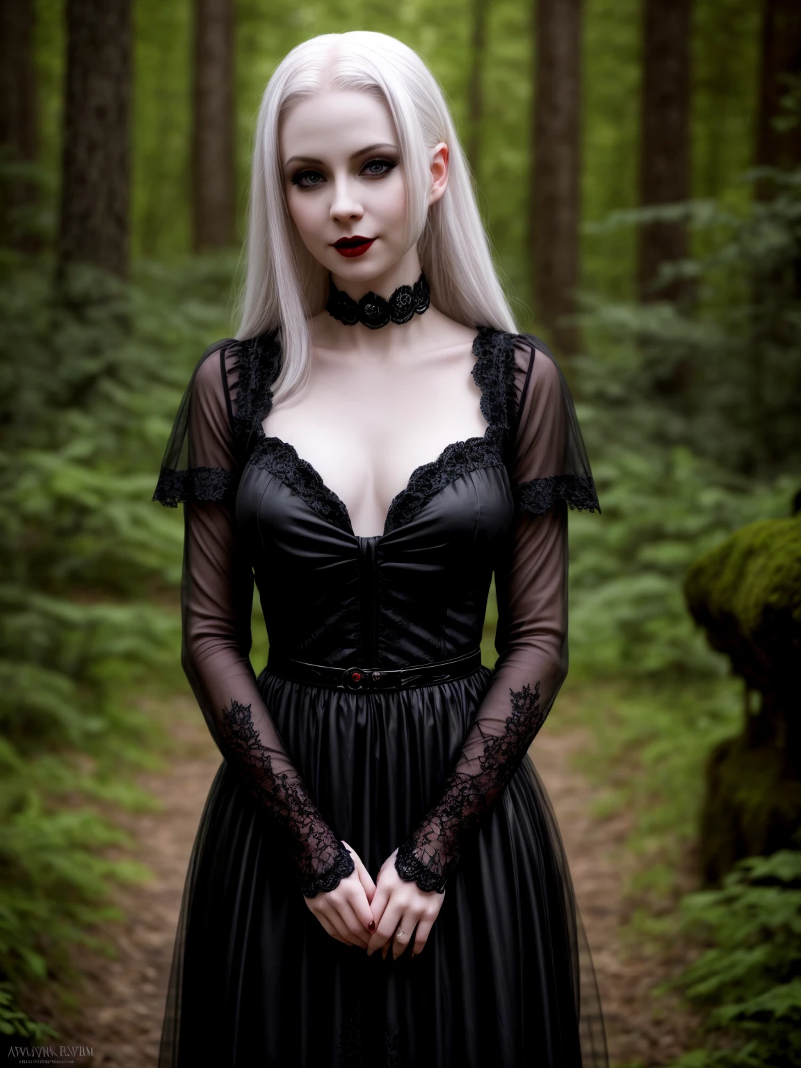 female sexy vampire|albino, pale porcelain skin, sexy vintage black dress, smile, shallow depth of field, grin|creepy, nightfall, detailed face, night, wide hips, narrow waist, portrait of woman standing, detailed eyes, portrait of woman standing, 8k RAW photo, highest quality, looking at the viewer, best shadow, intricate details, long hair, bright eyes, forest, grave, gothic, goth detailed, highres, high qualilty, high saturation