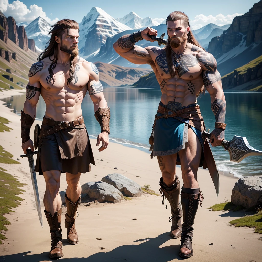 Black tattoo design Viking left arm, a full body muscular Viking man, muscular legs, holding big sword in his right hand, brown hair parted with bangs, perfect realistic blue eyes, wearing warrior leather boot, wearing warrior boots, lake and mountains in the background.
