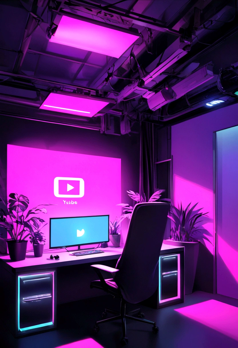 Create a YouTube studio background image with a modern and sleek design, featuring a vibrant electric blue or neon pink neon display of the name 'PURNHKANT' in the center, accurately spelled and illuminated brightly for maximum visibility. The neon text should be surrounded by subtle complementary lighting and minimalist decor, such as polished metal accents, matte black furniture, and a few strategically placed green plants, all working together to create a stylish, professional, and inviting atmosphere perfect for a YouTube content creator's studio.