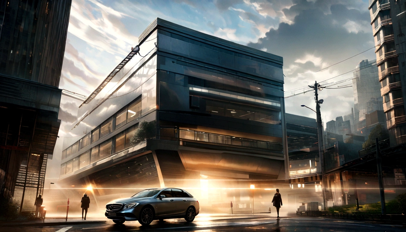 True, realistic, cinematic quality, super detail, super quality, super hd, real photography, State Electricity Company buiding, sunshine, fog, area building