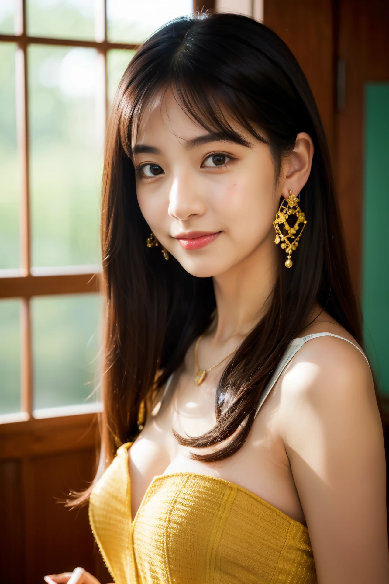21-year-old Japan woman wearing a trendy dress、gently smiling、see the beholder, depth of fields, livingroom, (1girl in:1.6), ulzzang-6500v1.1, (Original: 1.2), (realisitic: 1.3), beautiful girl with beautiful details, extremely detailed eye and face, Eyes with beautiful details, absurderes, Incredibly ridiculous, huge filesize, Ultra-detail, hight resolution, Ultra-detail, top-quality, ​masterpiece, illustratio, ultra detailed and beautiful, Ultra-detail, Ultra-detail, nffsw, Unity, 8k wallpaper, magnificent, finely detail, ​masterpiece, top-quality, Official art, Highly detailed ticker Unity 8k wallpaper, lighting like a movie, (perfect glossy skin:0.6), slim and smooth lines, (floating), (small tits:1), a necklace、earrings ,