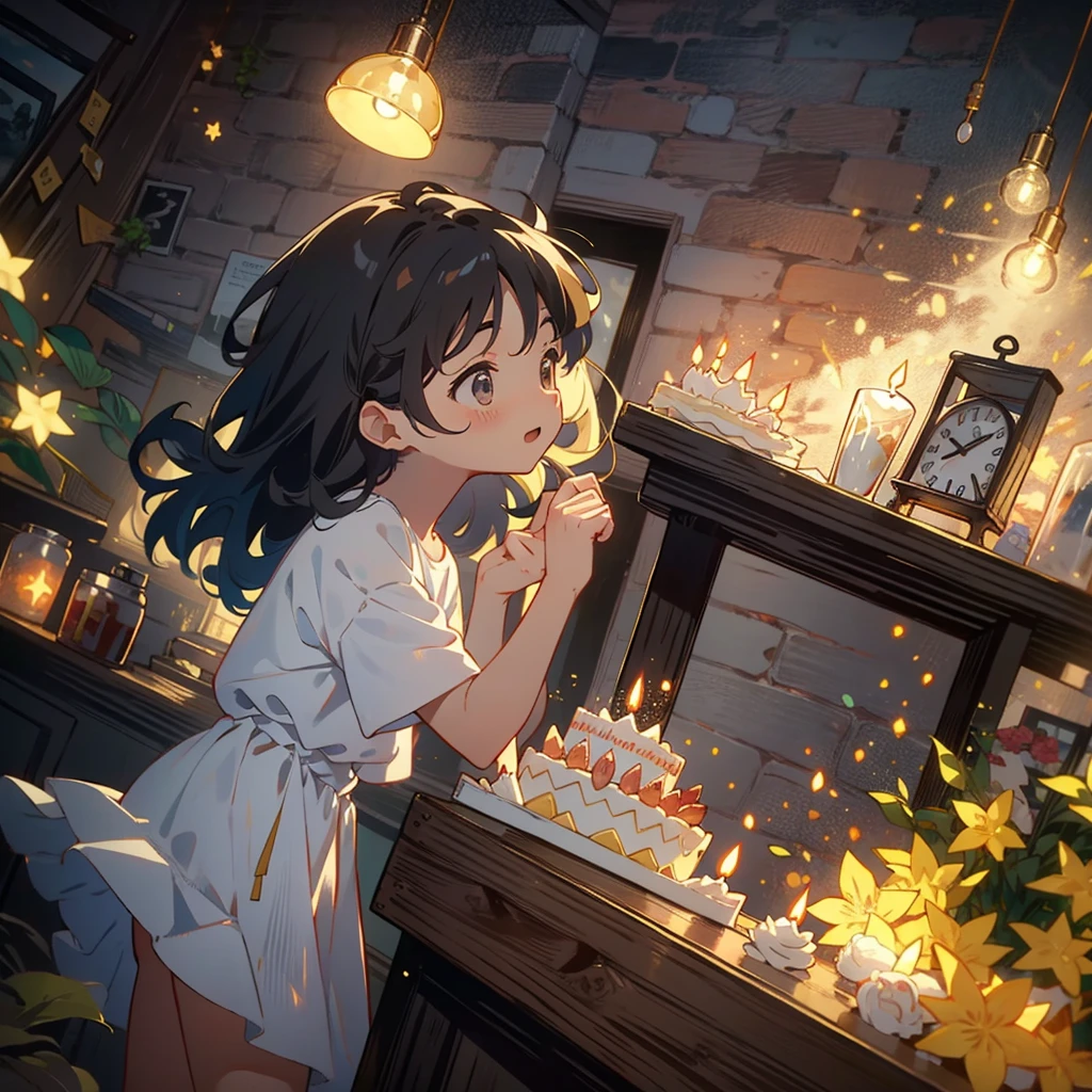 Dark apartment, small birthday cake on old wooden table, modern apartment, alarm clock on the wall，anime scene.(((Upward shot)))，No humans