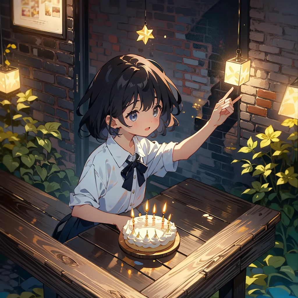 Dark apartment, small birthday cake on old wooden table, modern apartment, alarm clock on the wall，anime scene.(((Upward shot)))，No humans