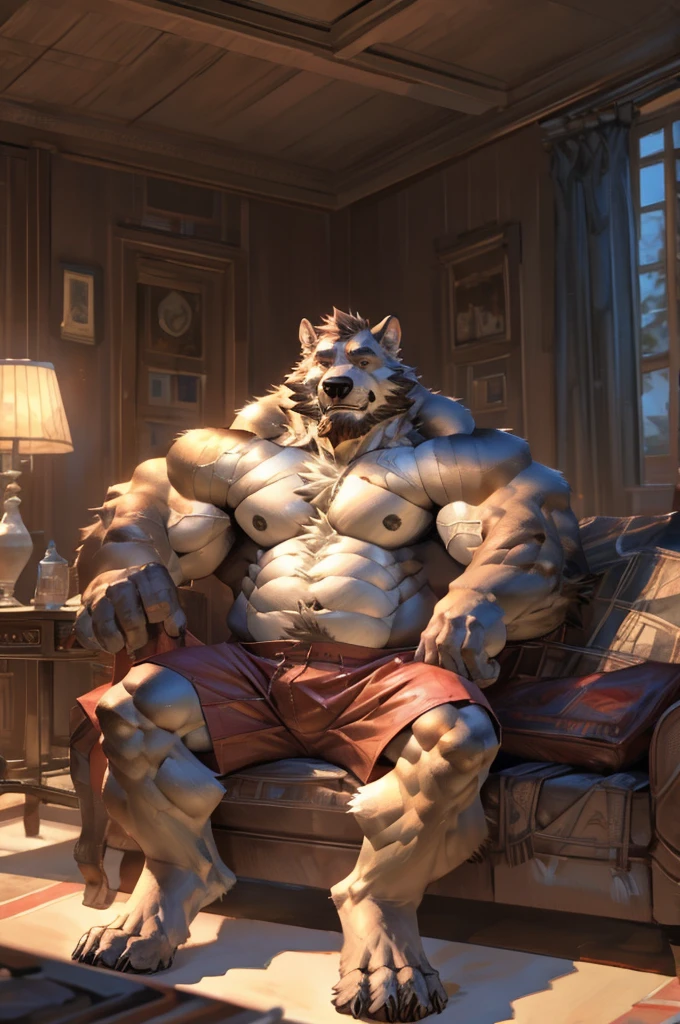 Bara, Solo, by Taran Fiddler, muscular male, mature age, middle-aged, furry male, canine, white fur, beard, shirtless, red boxers, pillow over lap, sitting on couch, living room, detailed, detailed face, handsome face