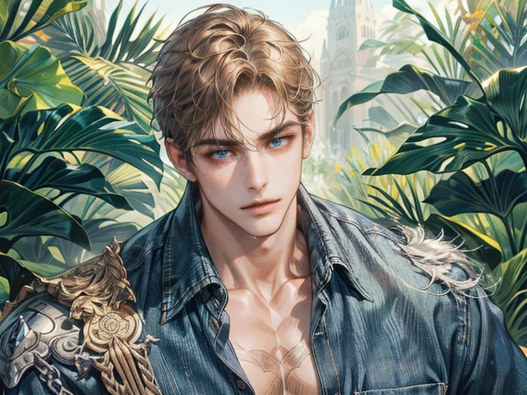 Close-up of Man, Age 25, Sculpted and built, ruggedly good looking, well kept, he has some tattoos, light brown hair, a robust and sharp jawline, bright blue eyes, a narrow nose, and thin lips, wearing a black button-up shirt with the front open, showing his chest, blue jeans, the background is of fields and trees. Quality (masterpiece1.2), (Best quality), (Intricate details) 