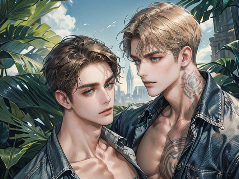 Close-up of Man, Age 25, Sculpted and built, ruggedly good looking, well kept, he has some tattoos, light brown hair, a robust and sharp jawline, bright blue eyes, a narrow nose, and thin lips, wearing a black button-up shirt with the front open, showing his chest, blue jeans, the background is of fields and trees. Quality (masterpiece1.2), (Best quality), (Intricate details)