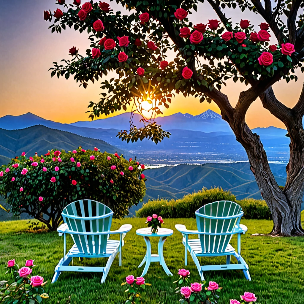 Two chairs and roses under a big tree with a mountain view in the background, covered in sunset.