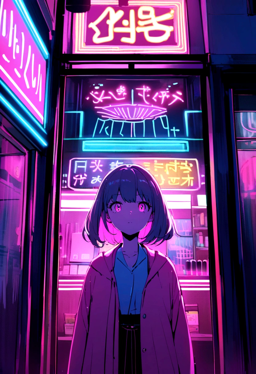 Neon lights illuminating the night cityscape, melodramatic Japanese lo-fi, brightly colored neon, a girl standing in front of a store, close-up