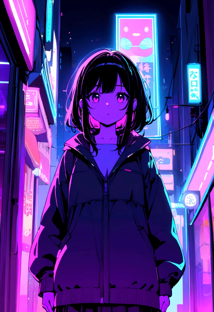 Neon lights illuminating the night cityscape, melodramatic Japanese lo-fi, brightly colored neon, a girl standing in front of a store, close-up