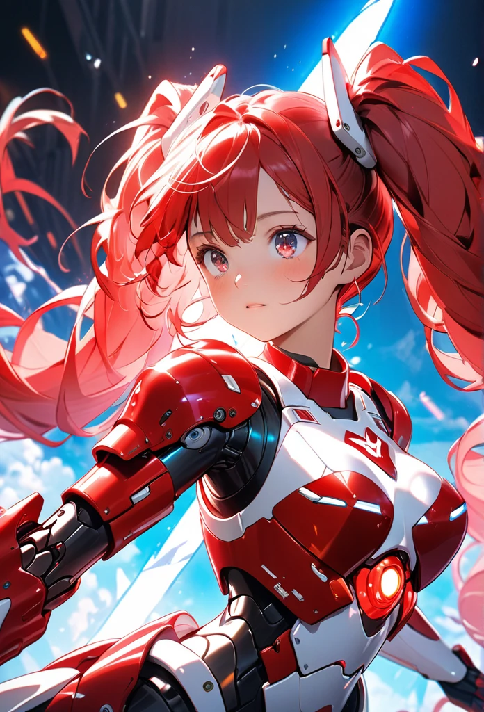 a girl with red twin tails wearing red and white robot armor, spinning a long red-handled spear in front of her chest with both hands, summoning a colorful magic circle with a mix of red, white, and pink on her back, neon lights shining brightly from the armor, a blue neon light shining from the tip of the spear, the girl looking up with her eyes closed, (best quality,4k,8k,highres,masterpiece:1.2),ultra-detailed,concept art,highly detailed facial features,beautiful hair and skin texture,exquisite robot armor texture,breathtaking magical effects,dynamic action pose,dramatic lighting,cinematic composition,vibrant colors