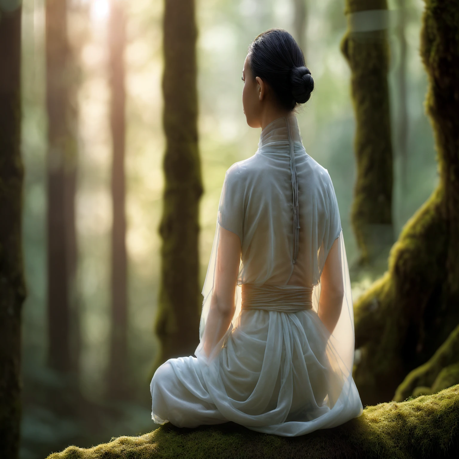 View from behind, A young female monk (Transparent silhouette:1.3), Meditation on a mossy tree in the forest, White soft flowing dress, Create a fantastic atmosphere, A wonderful interweaving of light and shadow, With a tranquil forest as the background, Bokeh, Shallow depth of field