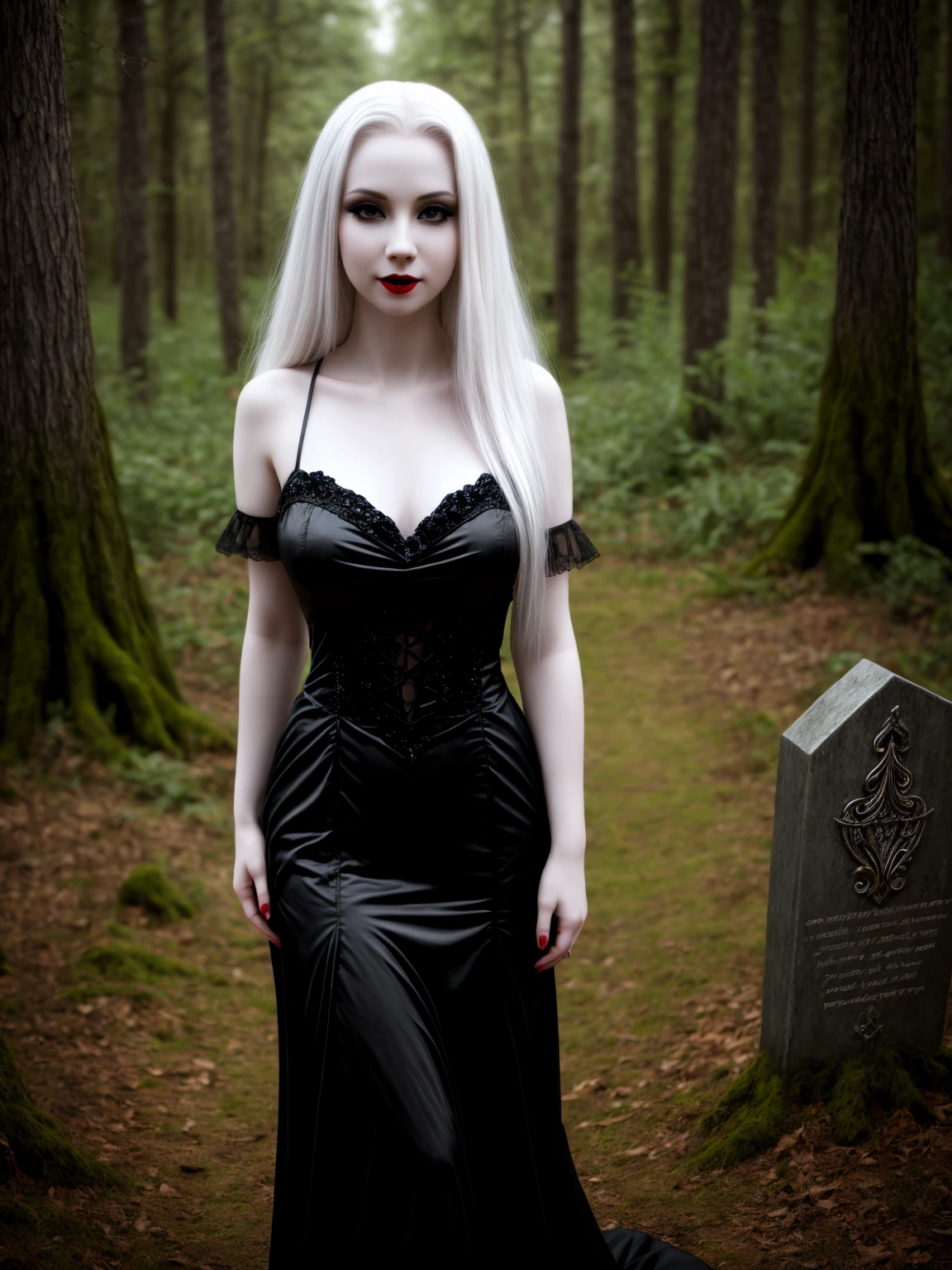 female sexy vampire|albino, pale porcelain skin, sexy vintage black dress, smile, shallow depth of field, grin|creepy, nightfall, detailed face, night, wide hips, narrow waist, portrait of woman standing, detailed eyes, portrait of woman standing, 8k RAW photo, highest quality, looking at the viewer, best shadow, intricate details, long hair, bright eyes, forest, grave, gothic, goth detailed, highres, high qualilty, high saturation