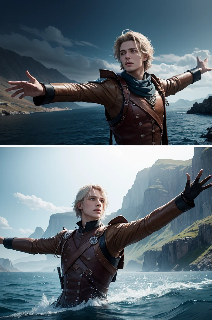 Create the image of the valley and the valir from the mobile game legend bang bang recreating the scene from the Titanic with open arms