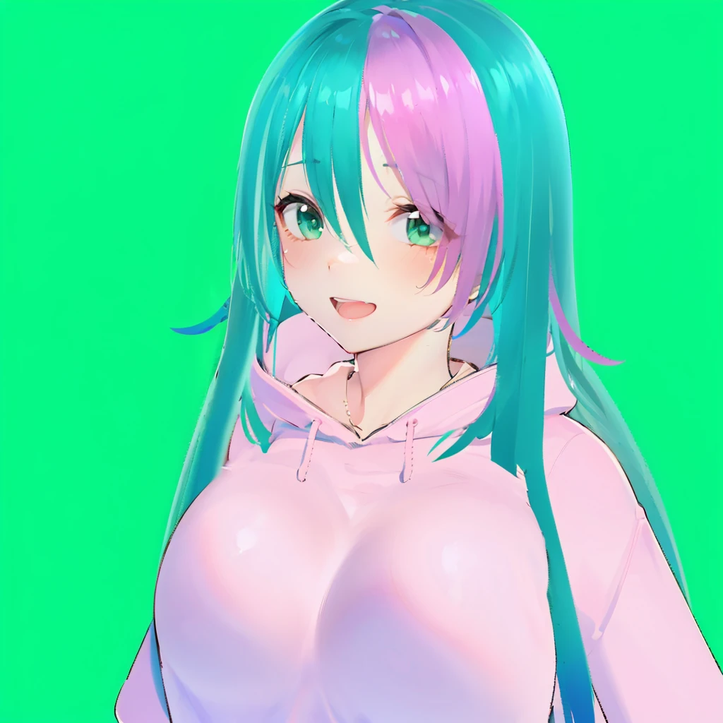 Second Dimension、Adult women、front、background、room、Pink hoodie、Open your mouth、Green Eyes、smile、Float your heart、Long Hair、Light blue hair、Chubby、chest、valley、clavicle、valley、Thick thighs、Pink hoodie、Stand lamp