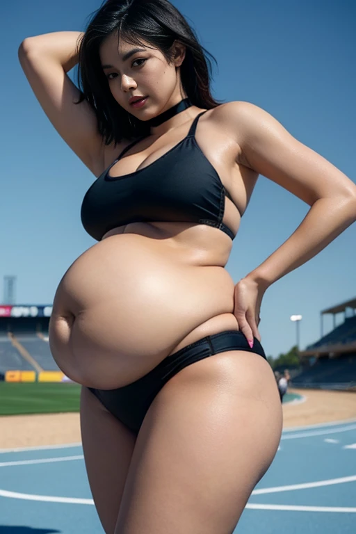4K, 1girl, (Best quality: 1.35), high quality, realistic photos, realistic, super detailed, (High resolution:1.35), sharp focus, RAW photo, (Depth of field), (F1.2:1.45), 
BREAK,
(Athletics stadium), (blue sky:1.2), 
BREAK,
(smile), Wink, (one beautiful woman:1.33), beautiful expression, realistic, (beautiful eyes:1.3), (double eyelid), (detailed face:1.3), (long face:1.3), (shiny hair:1.2), (black hair:1.35), (short hair:1.2), 20th generation, 
BREAK,
(cowboy shot:1.5), (running), sporty physique, (???????????), Beautiful woman, cute navel, (Beautiful thighs:1.4), (thighs:1.3), round ???, big ???, model, (Well-proportioned limbs), 
BREAK, 
(Black bottom ??????:1.45), (No-frills athlete bloomers:1.2), (black sports bra for sprinters:1.45), , pregnant belly, wearing black bra and black bottom ??????, chubby, black fishnet stockings, normal bust, locks eyes into the camera, symmetrical eyes, symmetrical face, photorealistic, photography, path tracing, specular lighting, volumetric face light, path traced hair, visible shadows, intricate, elaborate, curvy body, plump body, huge big ???, thick body, curvy body type, voluptuous body type, busty body type, thick body type, big ?????, big, piercing nose, black e girl emo makeup, drooling, black eyelinner, wet body, black choker collar