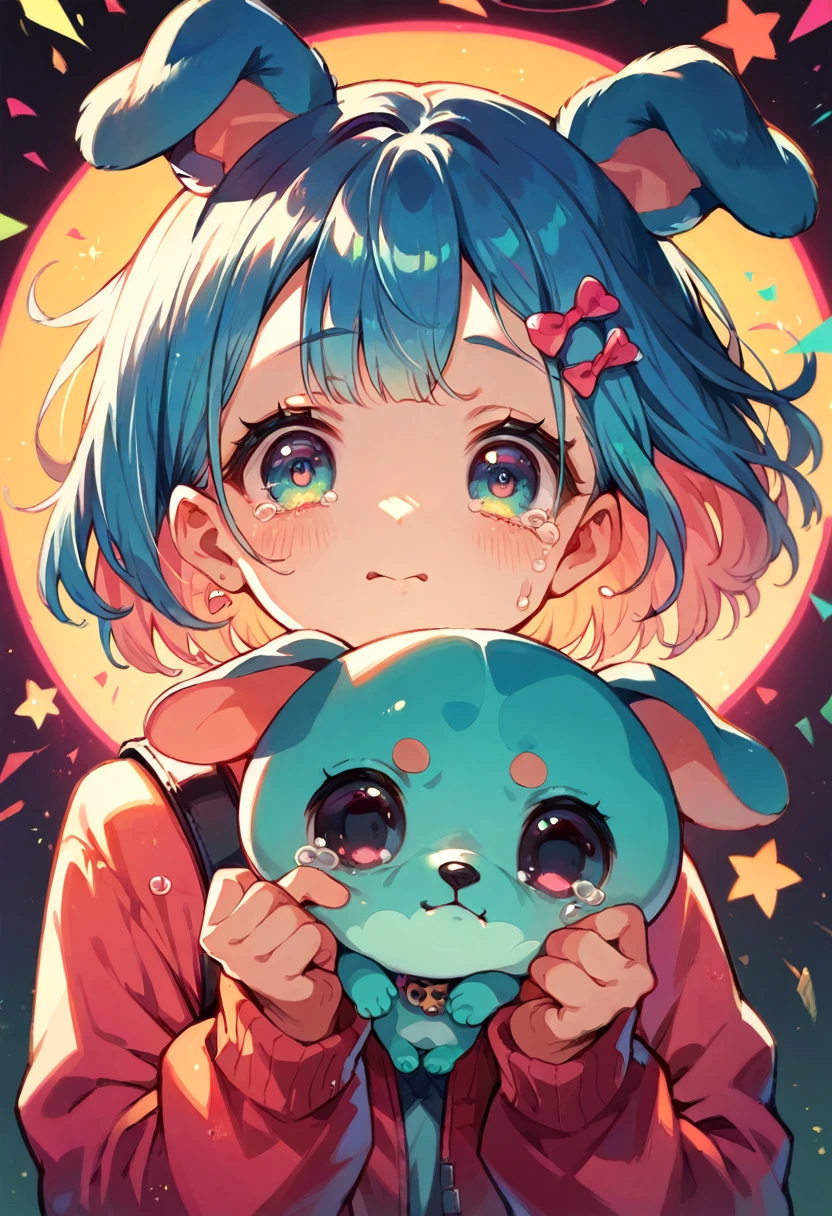 (Very cute and delicate CG illustrations, Ultra detailed and ultra high quality),pretty girl,Baby Girl, A troubled and crying expression,Giant dog in the background,One girl, Detail view. Vibrant colors. high resolution.
