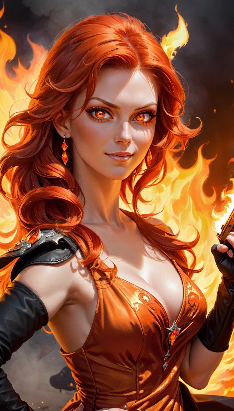 ((half body Portrait of a Firey women)), red flowing hair, shiny red eyes, ( medium length pointy ears), orange fire around, flaming theme, burning atmosphere, (dress cowboy costume:1.2), pointing a gun at viewer, Orange crystal jewelry, light smile, mature body, colorful, by Mappa studios, masterpiece, best quality, official art, ligne claire, perfect composition, absurdres, fantasy, focused, rule of third, close up portrait