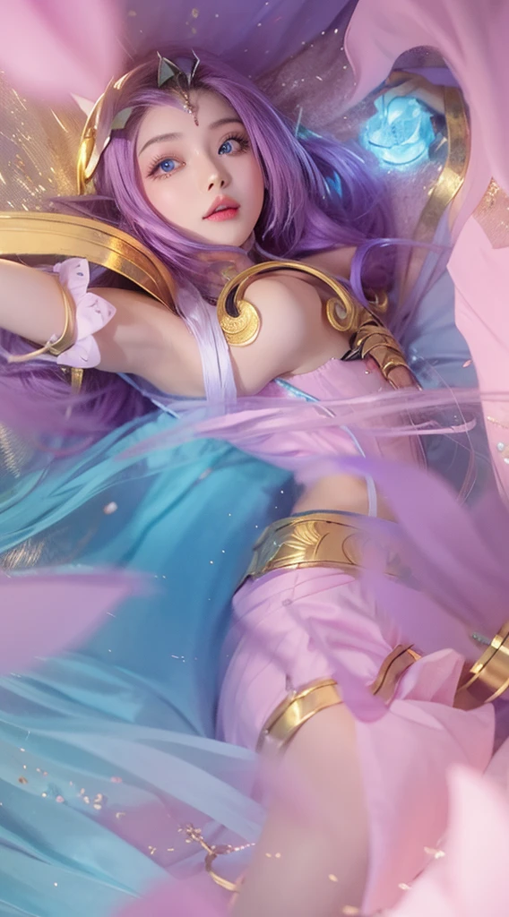 Woman with pink long hair, woman with beautiful face, woman with beautiful blue round eyes, woman with blue feather wing on her right hand, beautiful woman with pink lipstick, morning background, woman with beautiful pink flower on her blonde short hair, woman using pink skirt, woman with gold Root accessories on her body, woman on green leaf background, woman with golden accessories on her head, woman using blue dress and pink white gradient color, pink flower on her pink hair, pink dress, i SAID pink DRESSSSS
