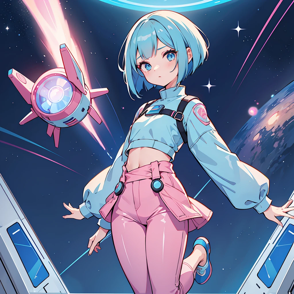 An android woman, flat chest, cute face, blue hair and blue eyes, bob cut hair, full body, thin waist, pink-light blue pants, wearing a pink-light blue shirt, blue shoes, perfect thighs, sfw, on a space station, sfw, space themed, android, hair has pink highlights
