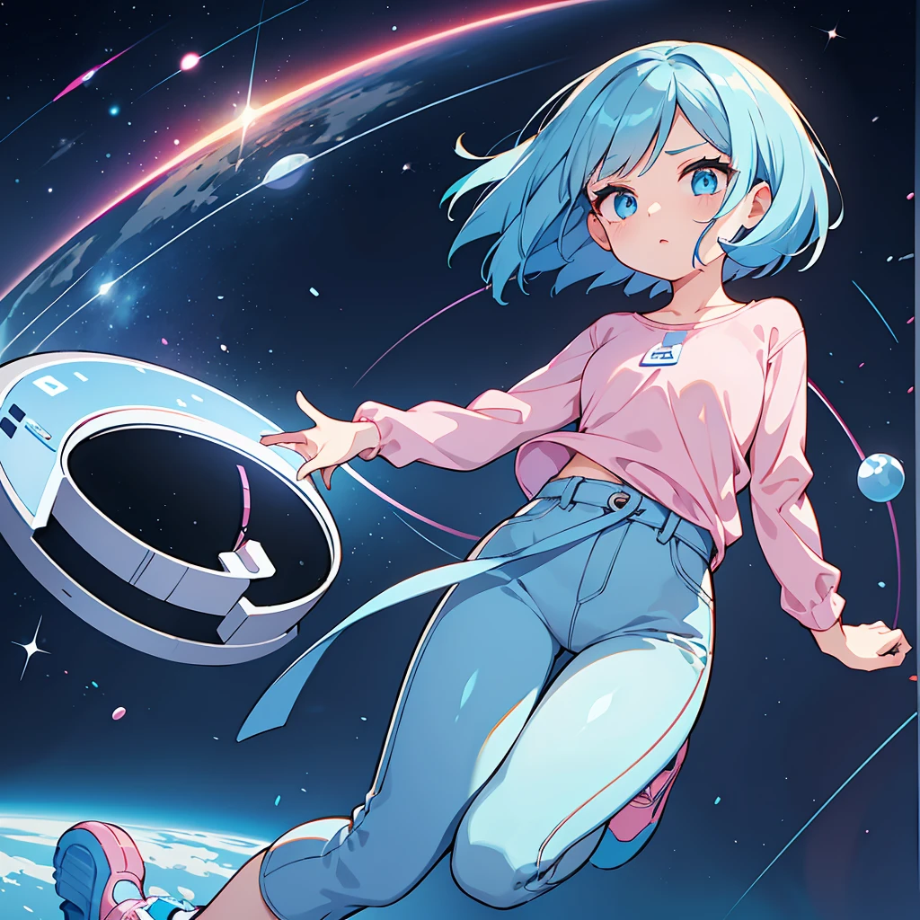 An android woman, flat chest, cute face, blue hair and blue eyes, bob cut hair, full body, thin waist, pink-light blue pants, wearing a pink-light blue shirt, blue shoes, perfect thighs, sfw, on a space station, sfw, space themed, android, hair has pink highlights
