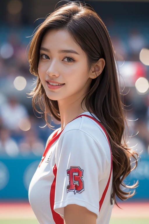 highest quality、4K、Perfect Face、Perfect Style、perfect body、Sunburn、beautiful lady、mature、long layer brown hair、Swept-back hair、full body, sexy 、charming、healthy、of the highest quality、8K、realistic photo, highest quality、4K、Perfect Face、Perfect Style、perfect body、Sunburn、beautiful lady、mature、long curly layer brown hair、Swept-back hair、sexy 、charming、healthy、smile、
(top-quality,8K picture quality,masterpiece:1.3,),(超A high resolution:1.3,Photorealsitic:1.4,Raw photography:1.2),(ultra-detailliert:1.2,shinny skin,Detailed skin:1.1),(Detailed face,Perfect Anatomy,Caustics:1.2),(Girls cheering at the stadium:1.2),(Stand seats:1.1),(Sideways face:1.2),(Shot from the side:1.2),(Facing over there:1.2),composition from the waist up,Pretty eyes,natural make up,huge smile,large boob,Oversized Baseball Uniform Shirt,White skirt,Professional Lighting,natural soft light,