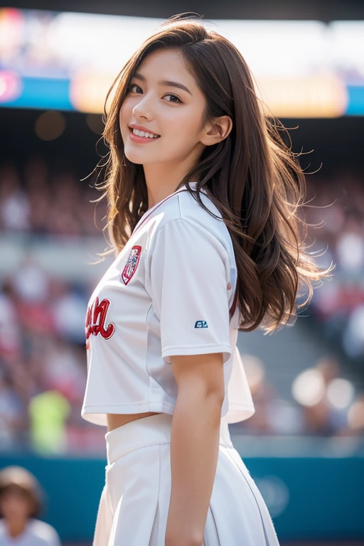 highest quality、4K、Perfect Face、Perfect Style、perfect body、Sunburn、beautiful lady、mature、long layer brown hair、Swept-back hair、full body, sexy 、charming、healthy、of the highest quality、8K、realistic photo, highest quality、4K、Perfect Face、Perfect Style、perfect body、Sunburn、beautiful lady、mature、long curly layer brown hair、Swept-back hair、sexy 、charming、healthy、smile、
(top-quality,8K picture quality,​masterpiece:1.3,),(超A high resolution:1.3,Photorealsitic:1.4,Raw photography:1.2),(ultra-detailliert:1.2,shinny skin,Detailed skin:1.1),(Detailed face,Perfect Anatomy,Caustics:1.2),(Girls cheering at the stadium:1.2),(Stand seats:1.1),(Sideways face:1.2),(Shot from the side:1.2),(Facing over there:1.2),composition from the waist up,Pretty eyes,natural make up,huge smile,large boob,Oversized Baseball Uniform Shirt,White skirt,Professional Lighting,natural soft light,