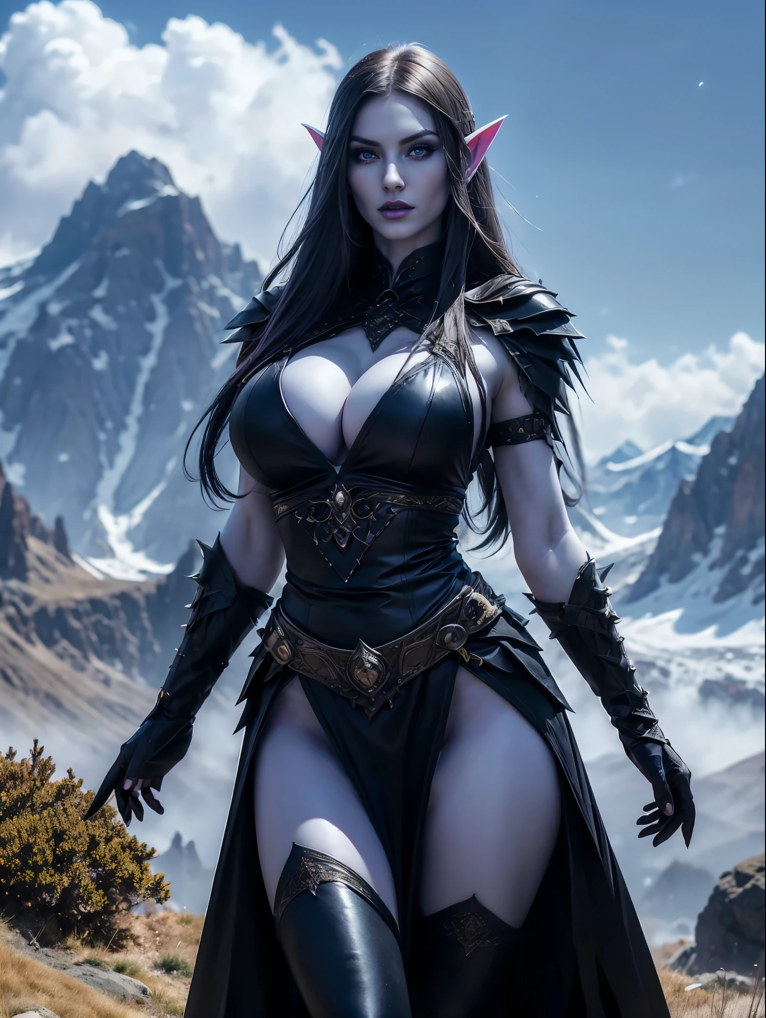 (masterpiece, top quality, best quality, official art, beautiful and aesthetic:1.2), (1girl:1.3), ((Sharp facial features, sharp features, hawkish features)), ((big hair, long elf ears, long black hair)), (((pale purple skin, pale blue skin, blue skin, purple skin))), big tiddy dark elf girl, extremely detailed, portrait, looking at viewer, solo, (full body:0.6), detailed background, full-body shot, (cold night mountain theme:1.1), dark elf war dancer, (spiky winged helmet), charlatan, smirk, mysterious, swaying in mountains, skimpy attire, revealing gladiatrix costume, ebony metal, gold filigree, long boots, dual knives, blood red fabric, pelvic curtain, loincloth, black leather, gigantic breasts, cleavage, skindentation, long legs, pelvic curtain, cute belly button, toned tummy, slim waist, slim hips, long legs, medieval (mountain exterior:1.1) background, dark mysterious lighting, shadows, magical atmosphere, dutch angle