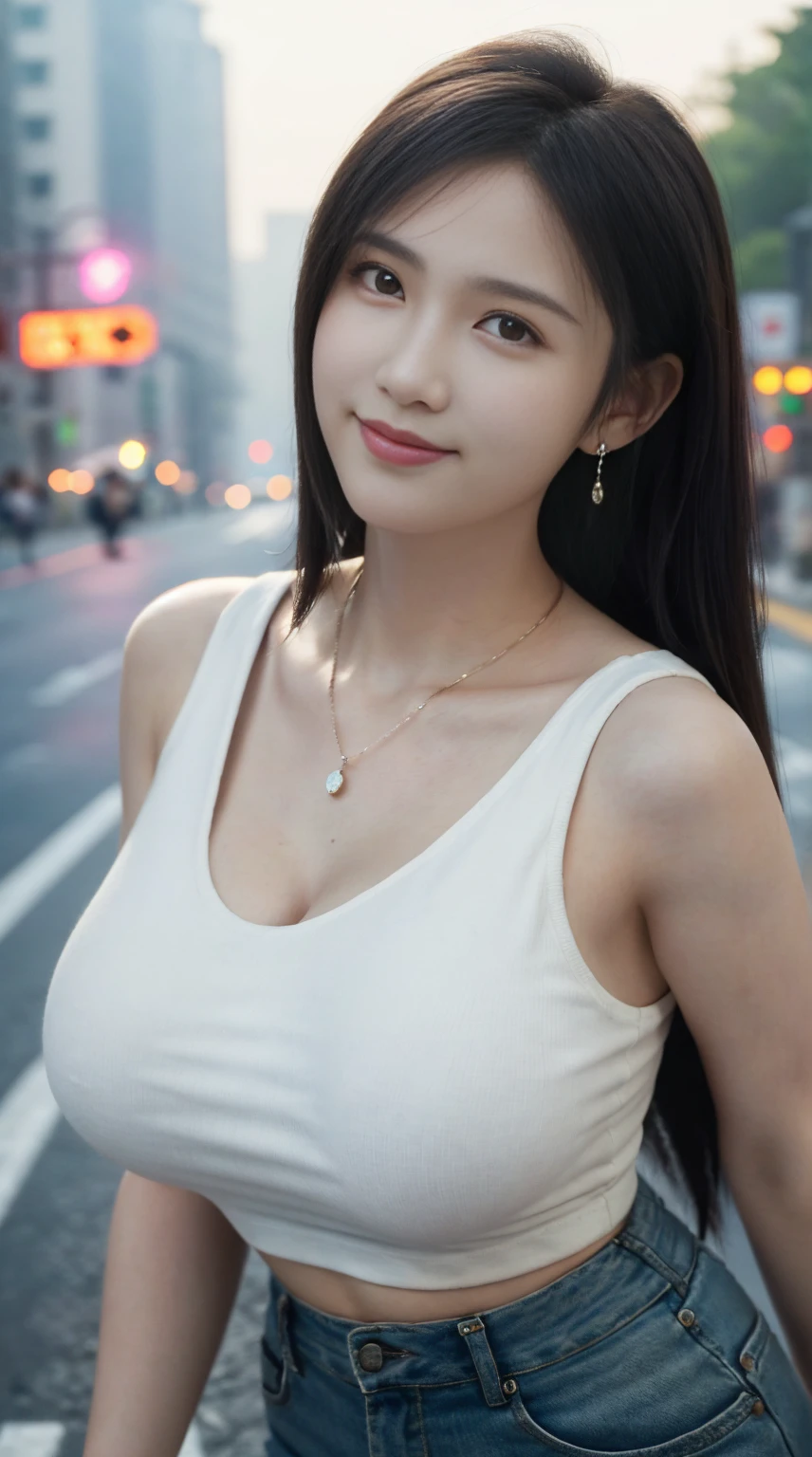 8K,Ultra-high resolution,masterpiece, Highest quality, Movie stills, 1 plump girl, street,Very large breasts, Low Cut透明连衣裙,,Huge breasts,Low Cut, close, bright, Hilarious, Warm and soft lighting, (fog: 0.7) no,(Low Cut衬衫:1.3),Put on earrings,Too many,smile, necklace,metropolitan street,In super huge
