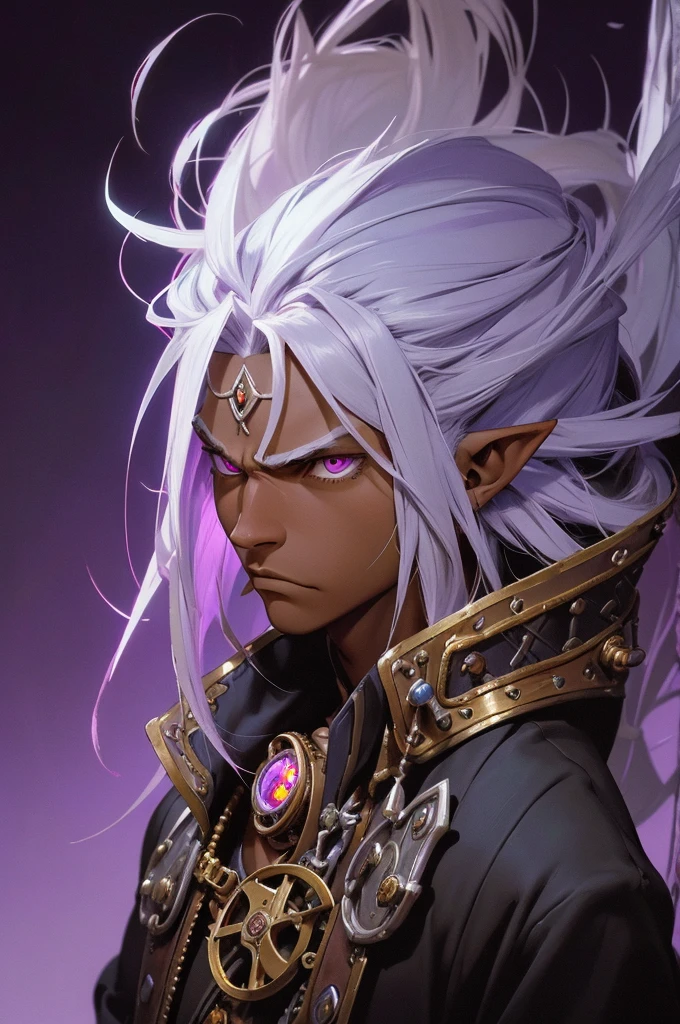 ((best quality)), ((masterpiece)), (detailed), ((boy)), ((mix between dungeonpunk and steampunk)), (serious), fantasy illustration, dark skinned, human, upper body, portrait, red eyes, long white hair, Xemnas from Kingdom Hearts, half-drow, pointy ears, serious face, dramatic lighting, purple hue, art by Kinema Citrus and Tetsuya Nomura