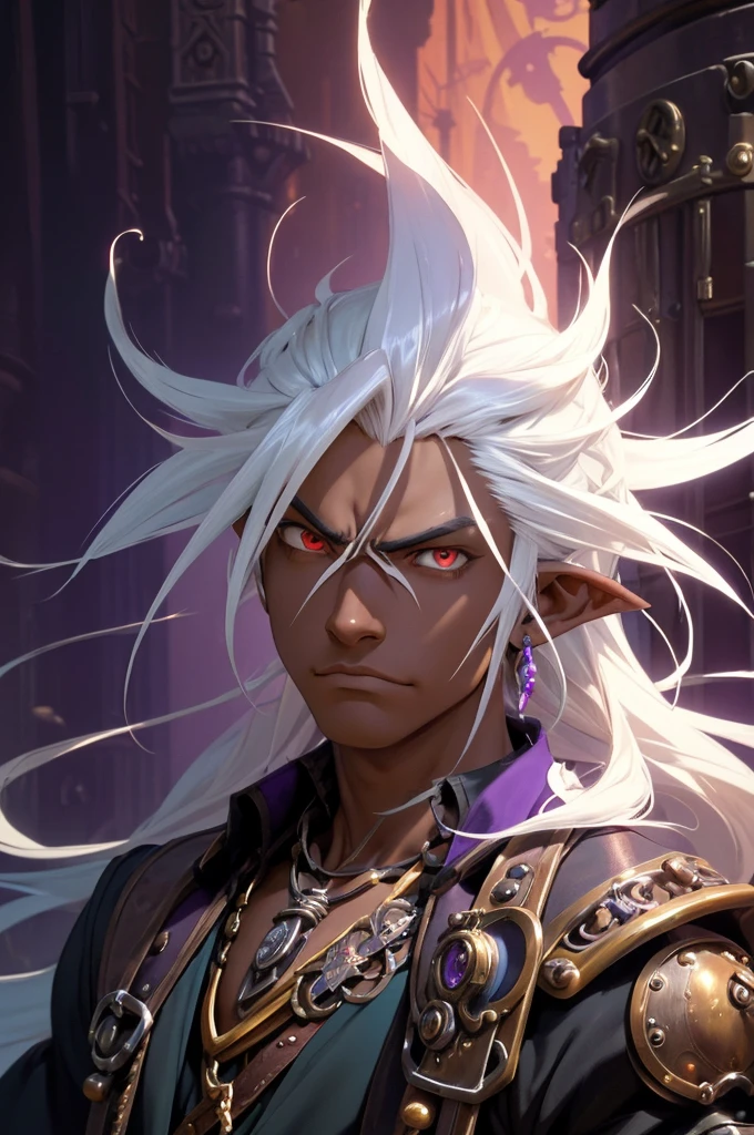 Mascular man, Varus, large bow, purple bow, big bow in hand, deep red and purple glow, dark purple growths across forearms, Purple skin, white hair, red scarf, close up, white eyes, angry, black background, purple light, eyes completely white,