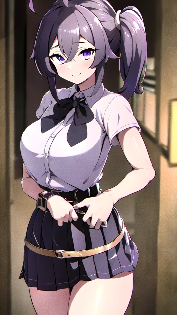 General Details: very detailed, very high resolution, exceptionally high resolution, exceptionally detailed, best quality, 3D artwork, perfect lighting and shading, perfect work, 1 girl, beautiful hands, perfect hands
Not NSFW (Not Safe for Work): (nsfw:-1.5)
Clothing: clothing, (simple dark grey pleated short skirt:1.4), (shiny gold-buckled black leather belt:1.3), (dark blue bow tie:1.2), short sleeves, white shirt, white buttoned shirt
Facial Expression: small smile at the corner of the mouth, very sly eyes
Pose: standing, modeling, looking at the viewer
Character Traits: slender, kawaii, perfectly symmetrical face, soft pinkish cheeks, super cute girl, super cute face, exceptionally detailed eyes, exceptionally detailed hair, extremely cute, extremely beautiful
Background: stargazing field, night, dark, deep depth of field, exceptionally detailed background
Additional Physical Traits: large B-cup breasts, wide hips, large thighs, beautiful long legs, , short
Hairstyle: (ahoge:1.2), (short bob with see-through bangs), one side ponytail on the left, hair between the eyes, pale yellow hair with white tips, bright purple eyes.