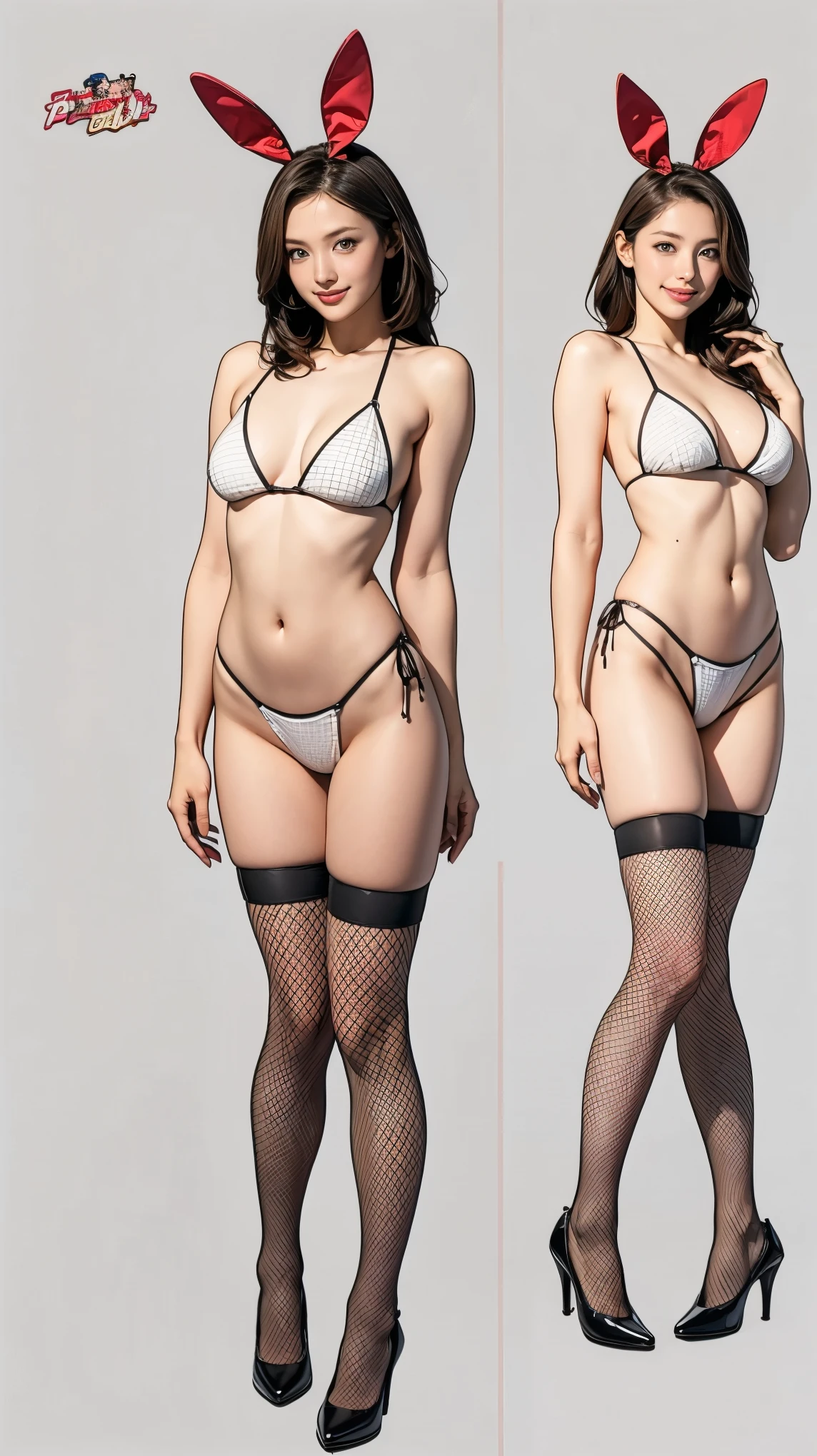((masterpiece)),(((Highest quality))),((Character design sheet)),Thin thighs,Long legs,Bunny girl:1.5,Wearing red fishnet stockings:1.5,The best smile:1.5,Full Body Shot:1.5,Gray background:1.5,Wearing black high heels:1.5,All Nude:1.5,Black Micro Bikini:1.5