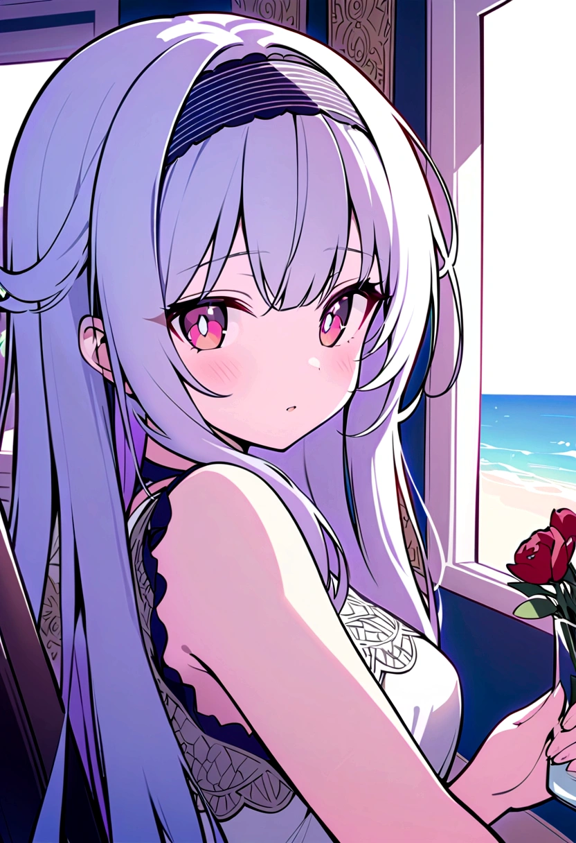 ((masterpiece, best quality))++, Detailed lighting+,  Detailed hair+, Detail hand+ ,1 girl, Miss, Long hair,   Crimson eyes,  beautiful eyes, young white hair,,(Beautiful white hair:1.5),(Beautiful and delicate eyes),  high resolution+,glass tint, Reflective eyes,   {{angle}} , Very detailed wallpaper, The original, ,Sea of Flowers，Air bangs，Extremely beautiful CG，Headband，Gray eyelashes