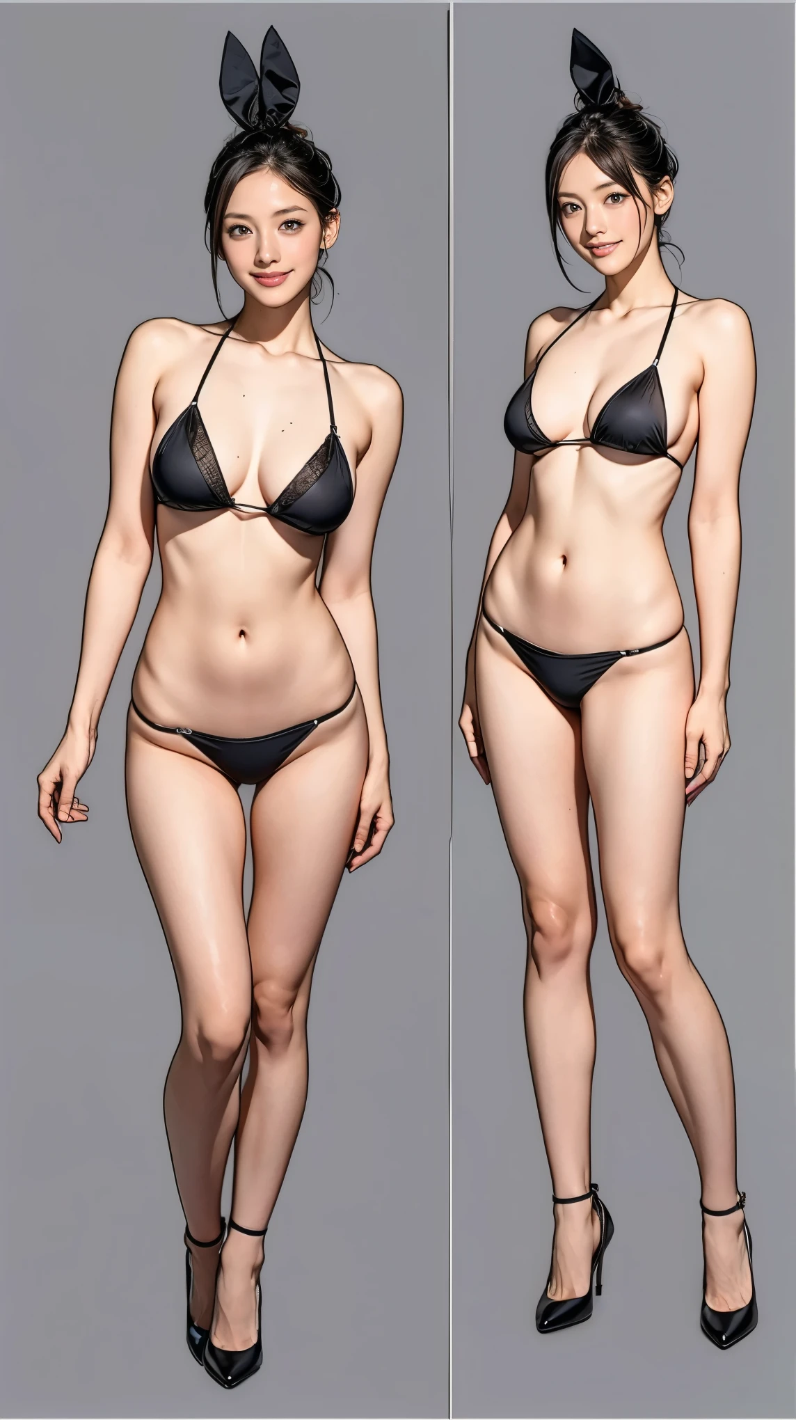 ((masterpiece)),(((Highest quality))),((Character design sheet)),Thin thighs,Long legs,Bunny girl:1.5,Wearing red fishnet stockings:1.5,The best smile:1.5,Full Body Shot:1.5,Gray background:1.5,Wearing red high heels:1.5,All Nude:1.5,Red micro bikini:1.5