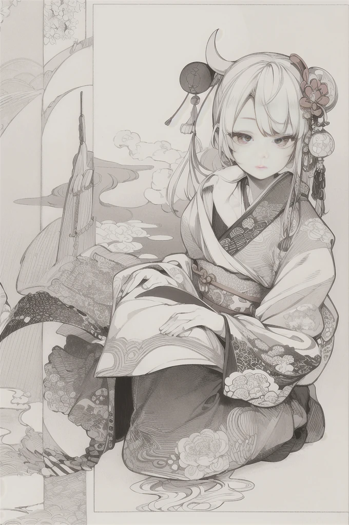 best quality, masterpiece, photo, 4K, photorealistic, highly detailed, huge moon in the background, black and white, closeup, Create a realistic ukiyo-e illustration of a cute girl in a kimono that conveys Japanese culture in various poses with a Japanese garden in the background, using a simple monochrome coloring book that even children can do.
