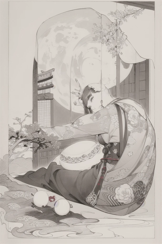 best quality, masterpiece, photo, 4K, photorealistic, highly detailed, huge moon in the background, black and white, closeup, Create a realistic ukiyo-e illustration of a cute girl in a kimono that conveys Japanese culture in various poses with a Japanese garden in the background, using a simple monochrome coloring book that even children can do.